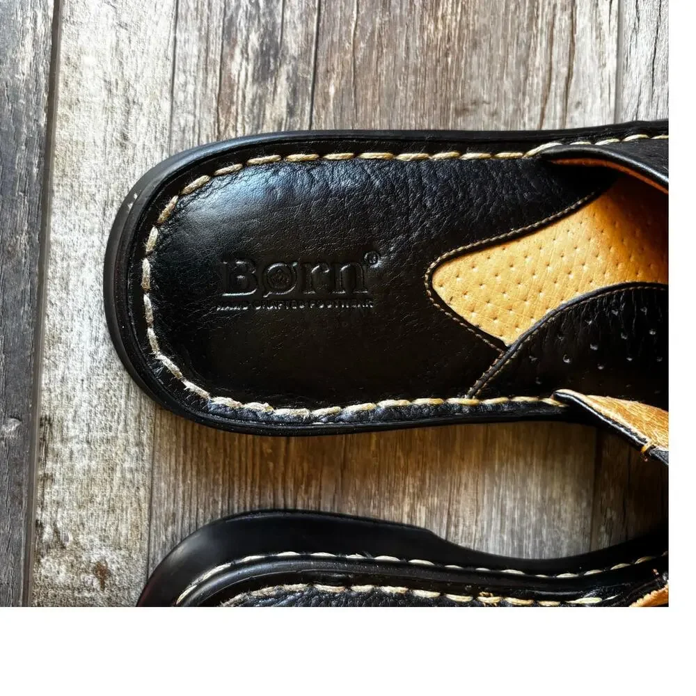 BORN Womens Black Casual Leather Slide Sandals Size 7.5 With Stitching